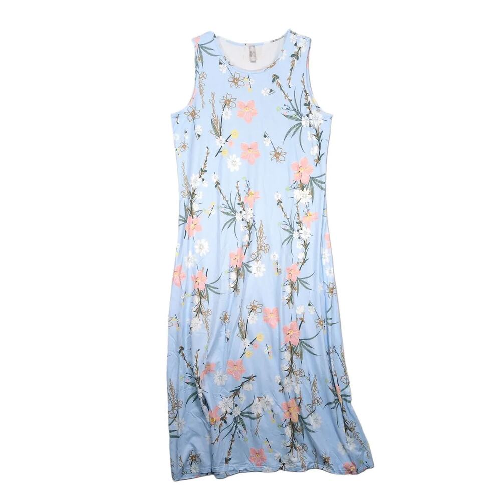 Noracora Women's XXL Blue Floral Jersey Sleeveless Tank‎ Maxi Dress, Cottagecore